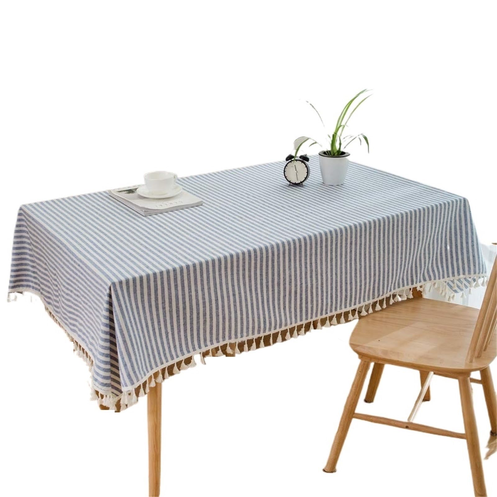 FonHNDG Striped Tablecloth Cotton Linen Table Cloth Stripe Tassel Rectangle Tablecloth Dust-Proof Cover For Kitchen Dinning Tabletop Decoration(Blue,140x180cm)