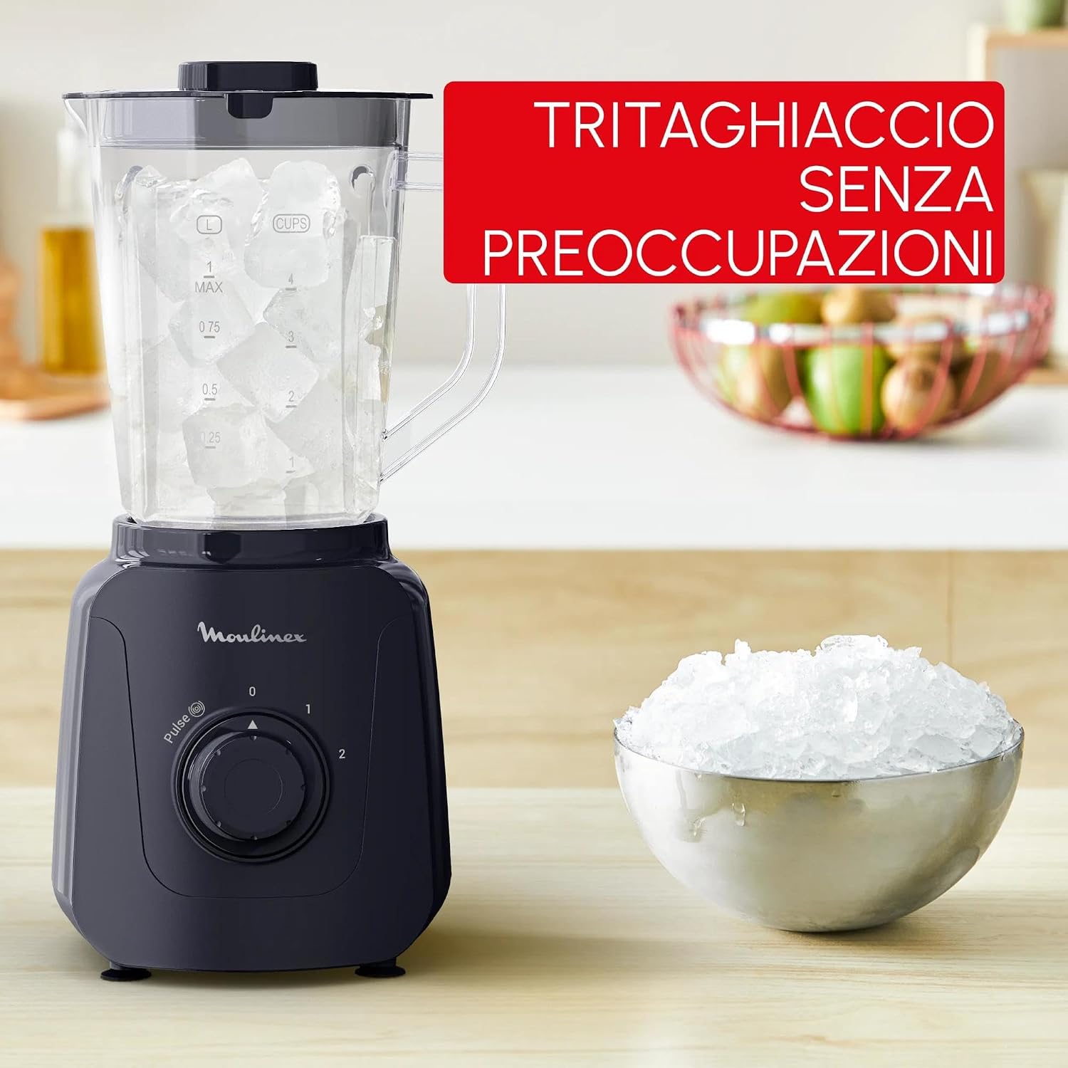 Moulinex Blendforce Essential Blender with ice cubes in the jar, next to a bowl of finely crushed ice.