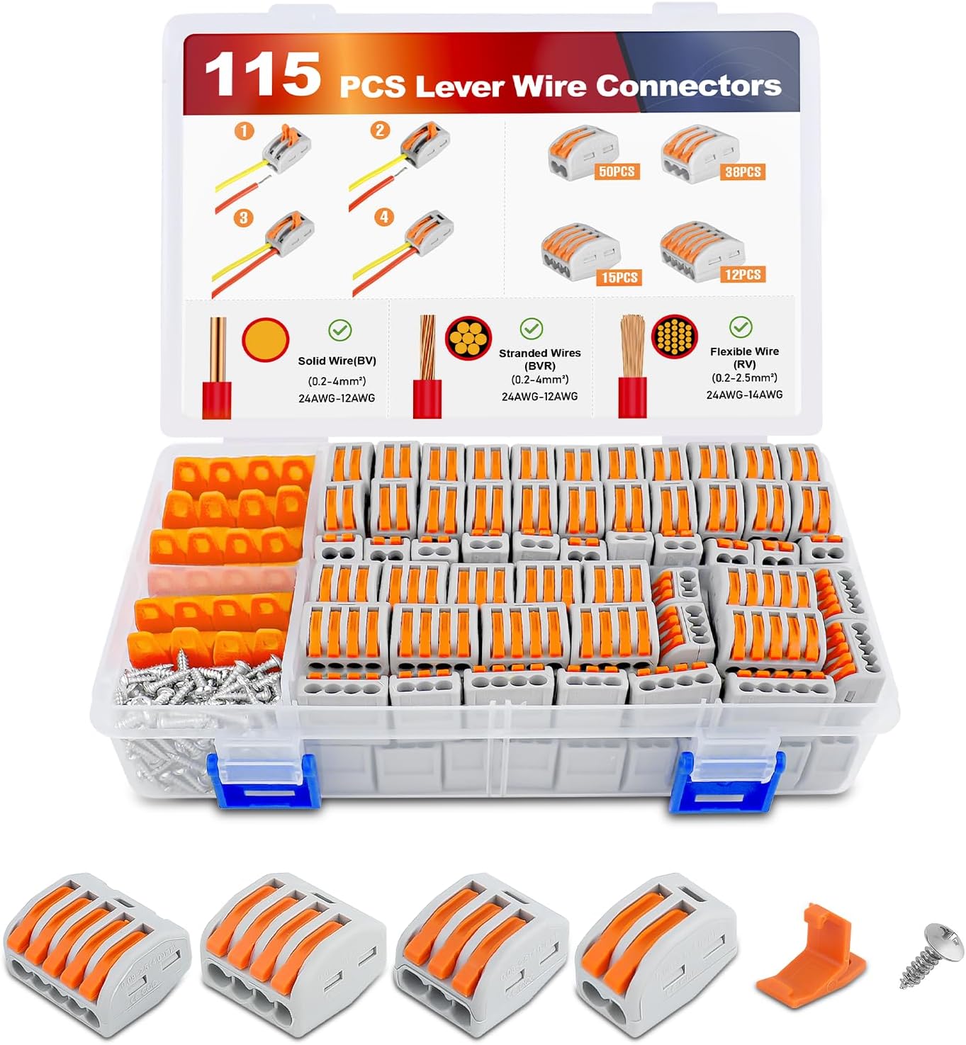 Nilight 115PCS Lever Wire Connectors Nuts Kit 28-12AWG Inline Electrical Terminal 2 3 4 5 Port Assortment Quick Disconnect Push in Wires Connectors for Solid Stranded Wiring Projects