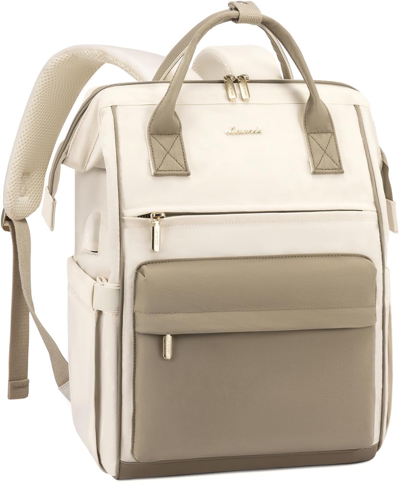 LOVEVOOK Laptop Backpack for Women, 18 Inch Work Teacher Nurse Bag, Large Capacity Business Computer Backpack Purse with USB Port, Stylish Casual Daypack for Travel,Beige&Khaki