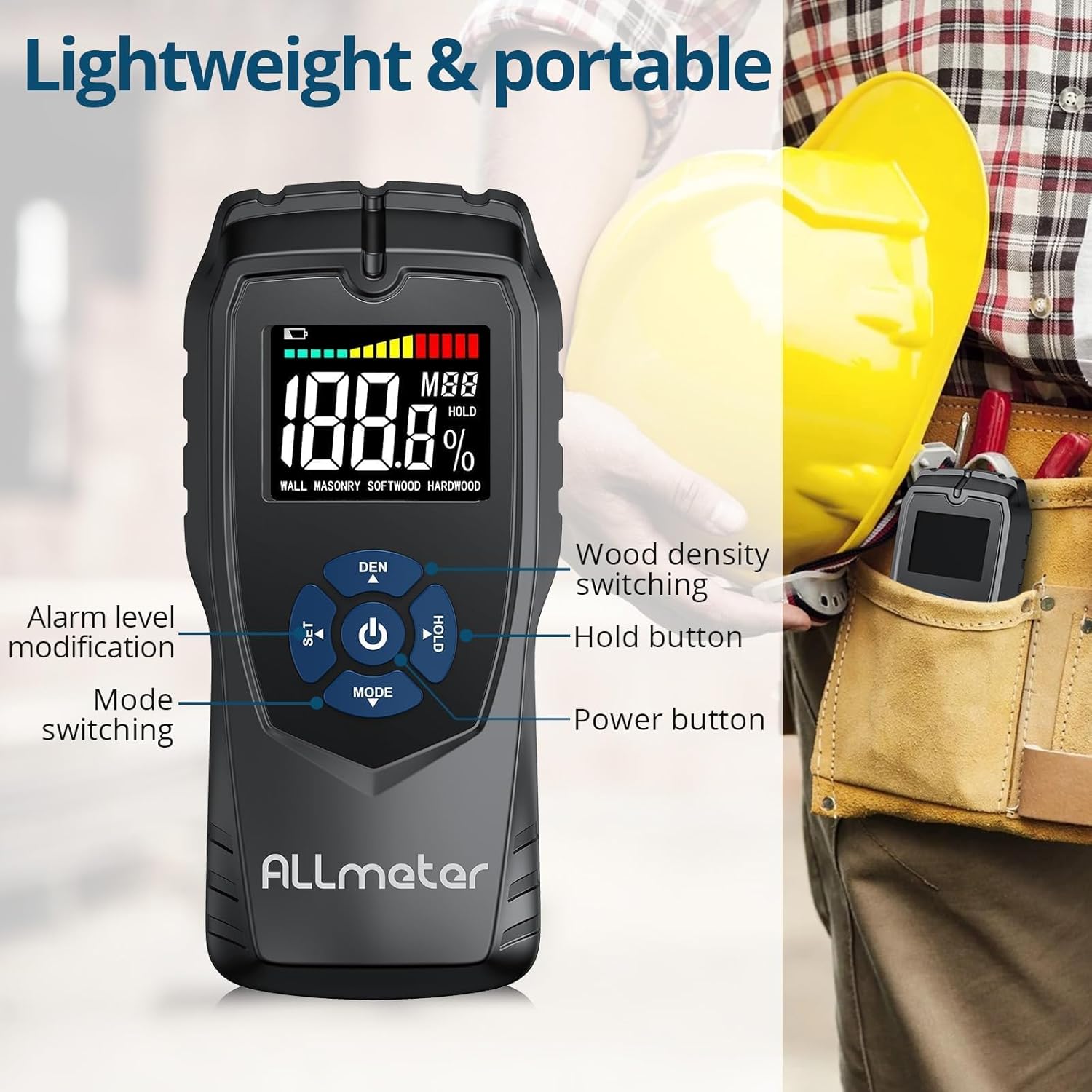 Close-up of the ALLmeter Pinless Moisture Meter's control buttons: SET, DEN, Power, HOLD, and MODE.