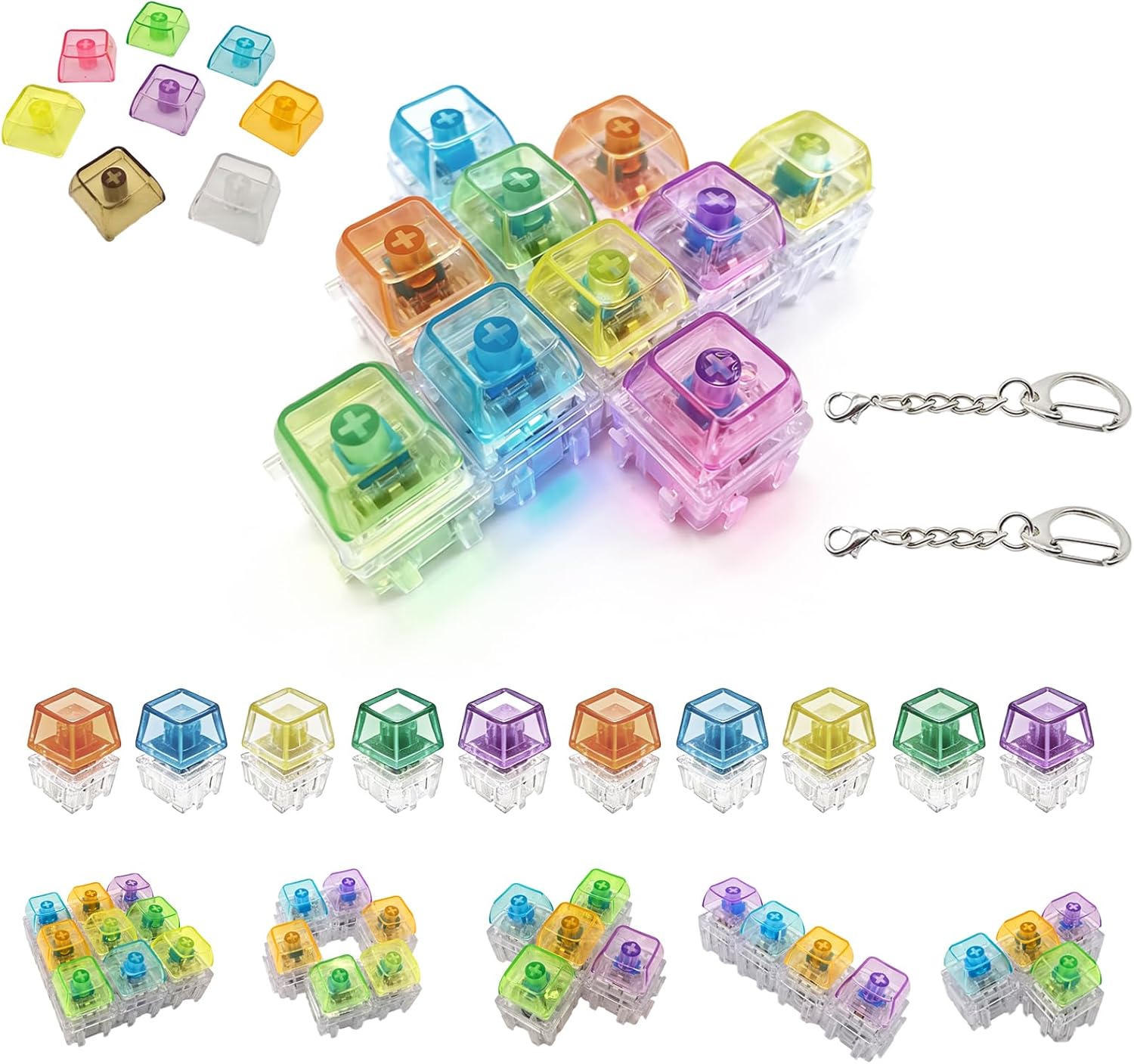 10-Pack Modular Keyboard Fidget Toy — Shape-Changeable Keyboard Clicker Fidget Keychain with RGB Light, 2 Stickers to Match | Relieve Anxiety for Adults at Work School Travel Home(Light-Up)
