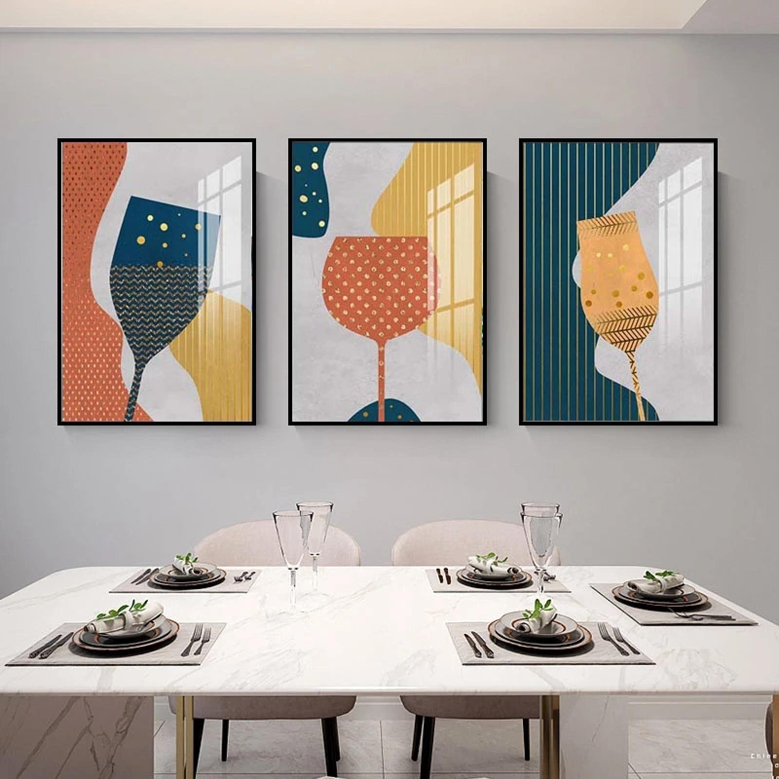 Yooyu Pintura abstracta geométrica de la lona de la copa de champán de cristal colorido cartel del arte de la pared cocina restaurante decoración imágenes 40x50cmx3 marco interno