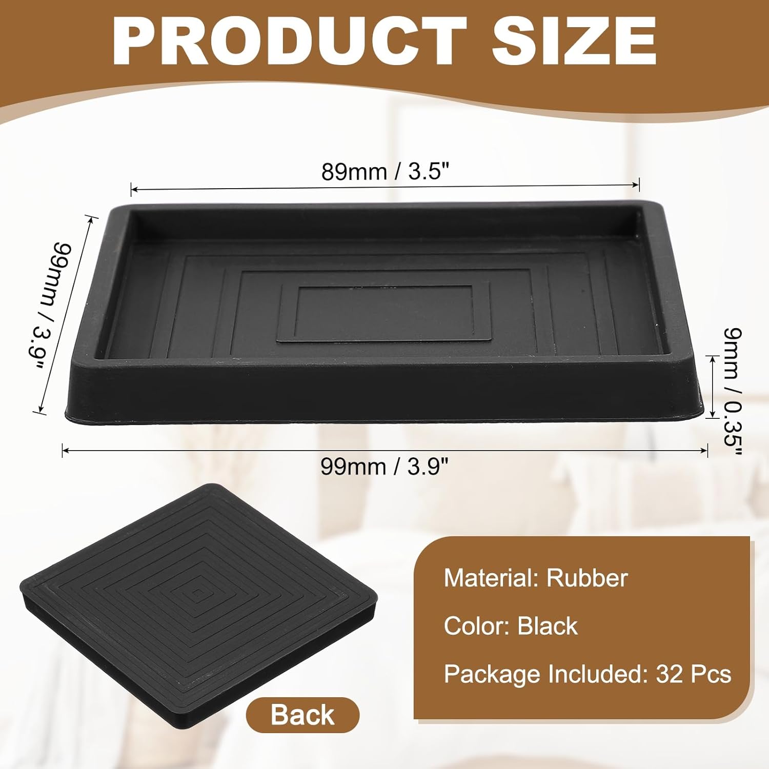 uxcell 32pcs 3.9x3.9 Rubber Furniture Caster Cups Square Chair Leg Floor Protectors Non-Slip Furniture Pads Grips Stoppers for Hardwood Floors, Black (Fit 3.5 Inch Chair Leg)