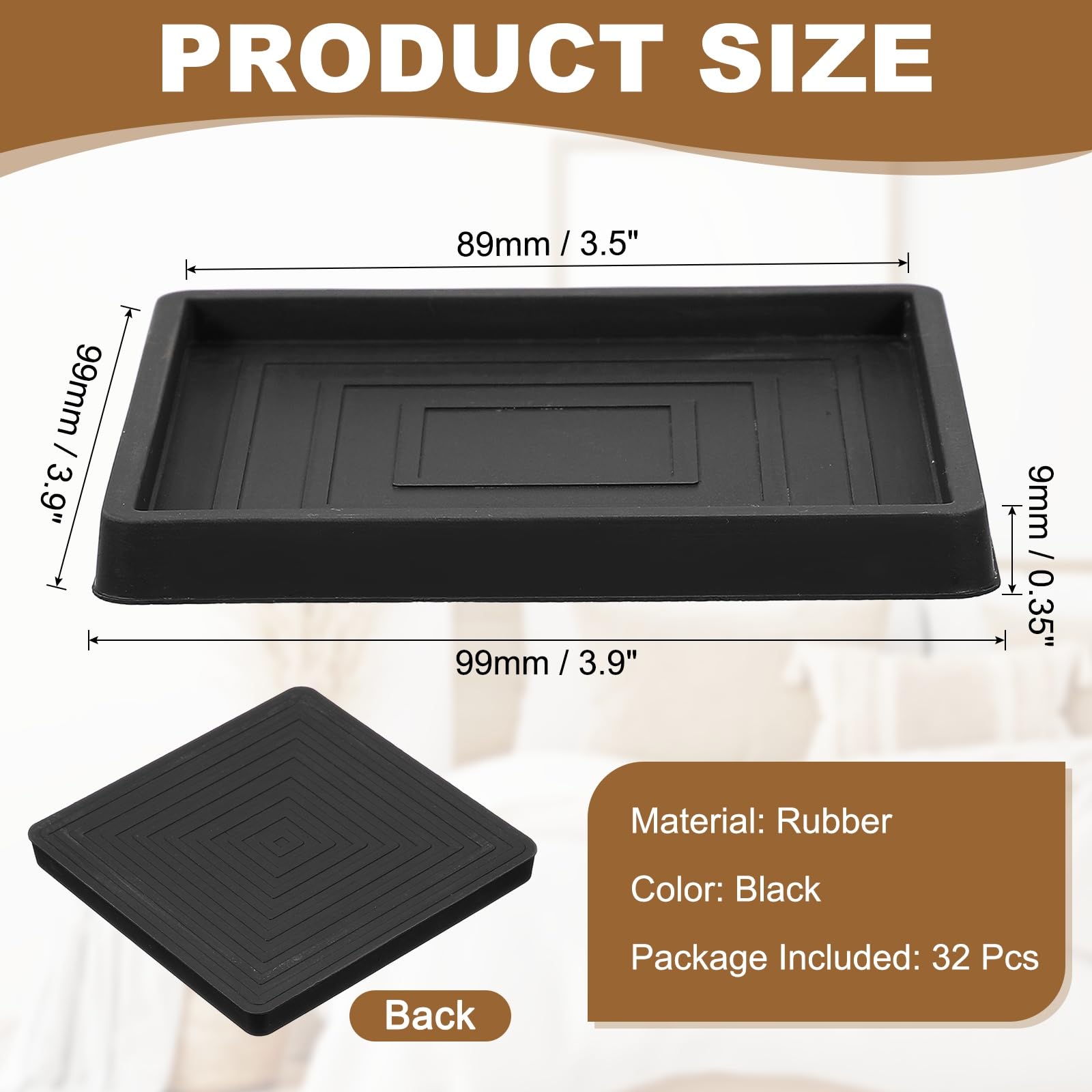 QUARKZMAN 32 Piezas De Protectores De Suelo Cuadrados para Patas De Muebles De 3.9x3.9 De Goma Antideslizantes para Suelos De Madera Negros (Adecuados para Patas De Silla De 3.5 Pulgadas)