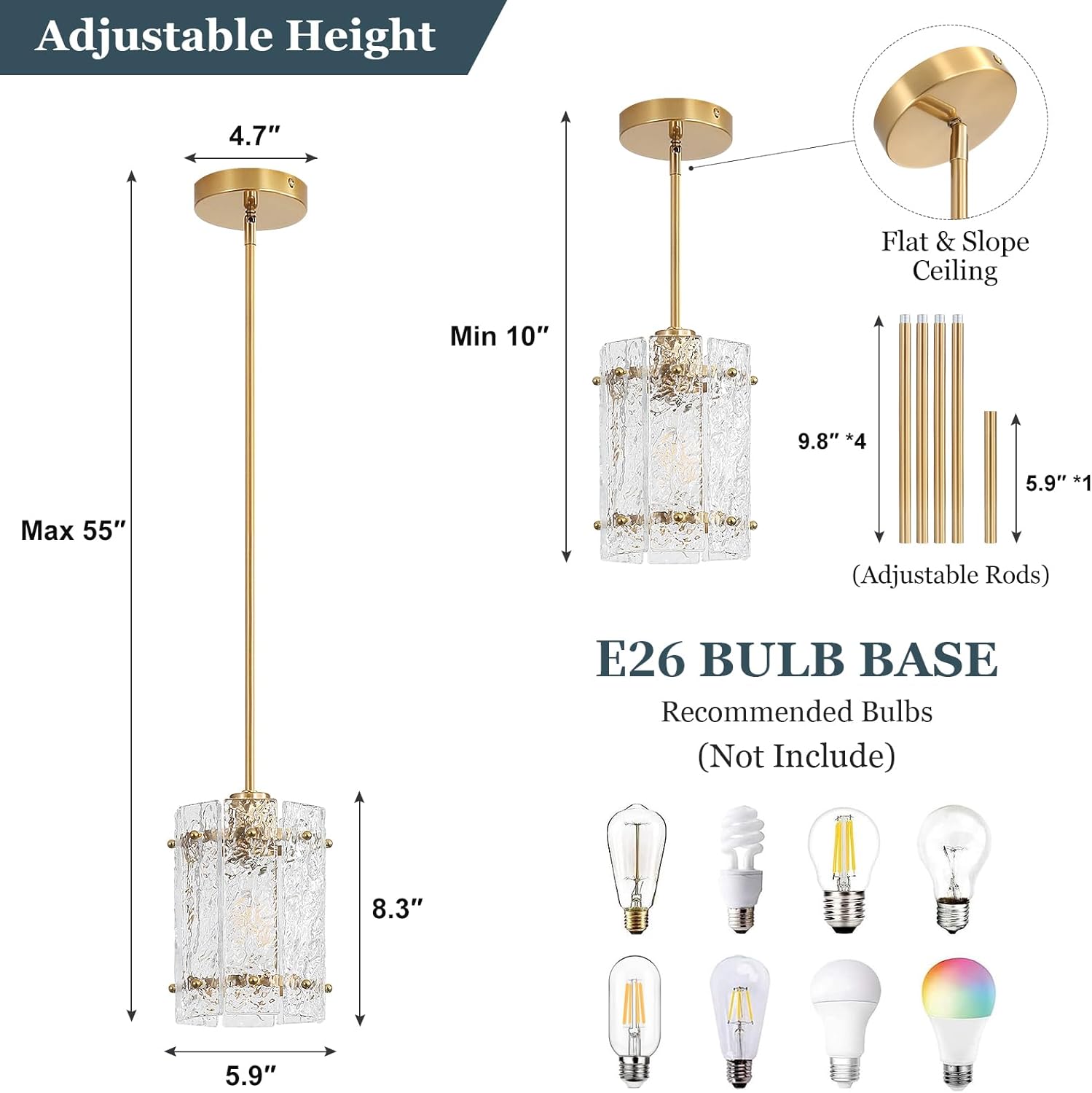 Gold Glass Pendant Lights Kitchen Island, Water Ripple Round Pendant Lights Adjustable Modern Hanging Pendant Light Fixtures for Kitchen Island Dining Room Above Sink Foyer Entryway 1 Pack