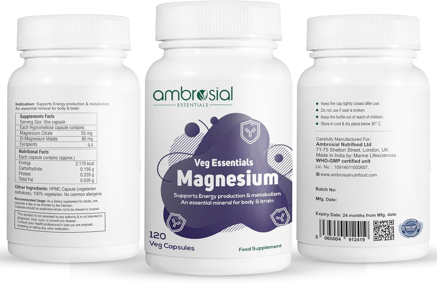 Ambrosial Magnesium Complex Food Supplement (Pack of 1-120 Capsules)