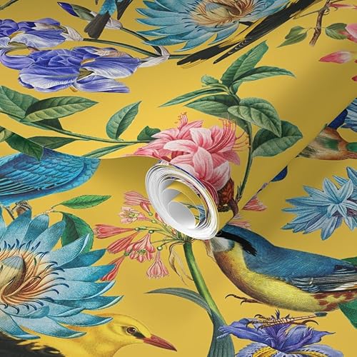 Miniatura 2 de Papel tapiz extraíble de 9 x 2 pies  Selva Selva Selva Amarilla Dibujado a mano Botánico Tropical Birds Papel pintado personalizado pre-pegado por