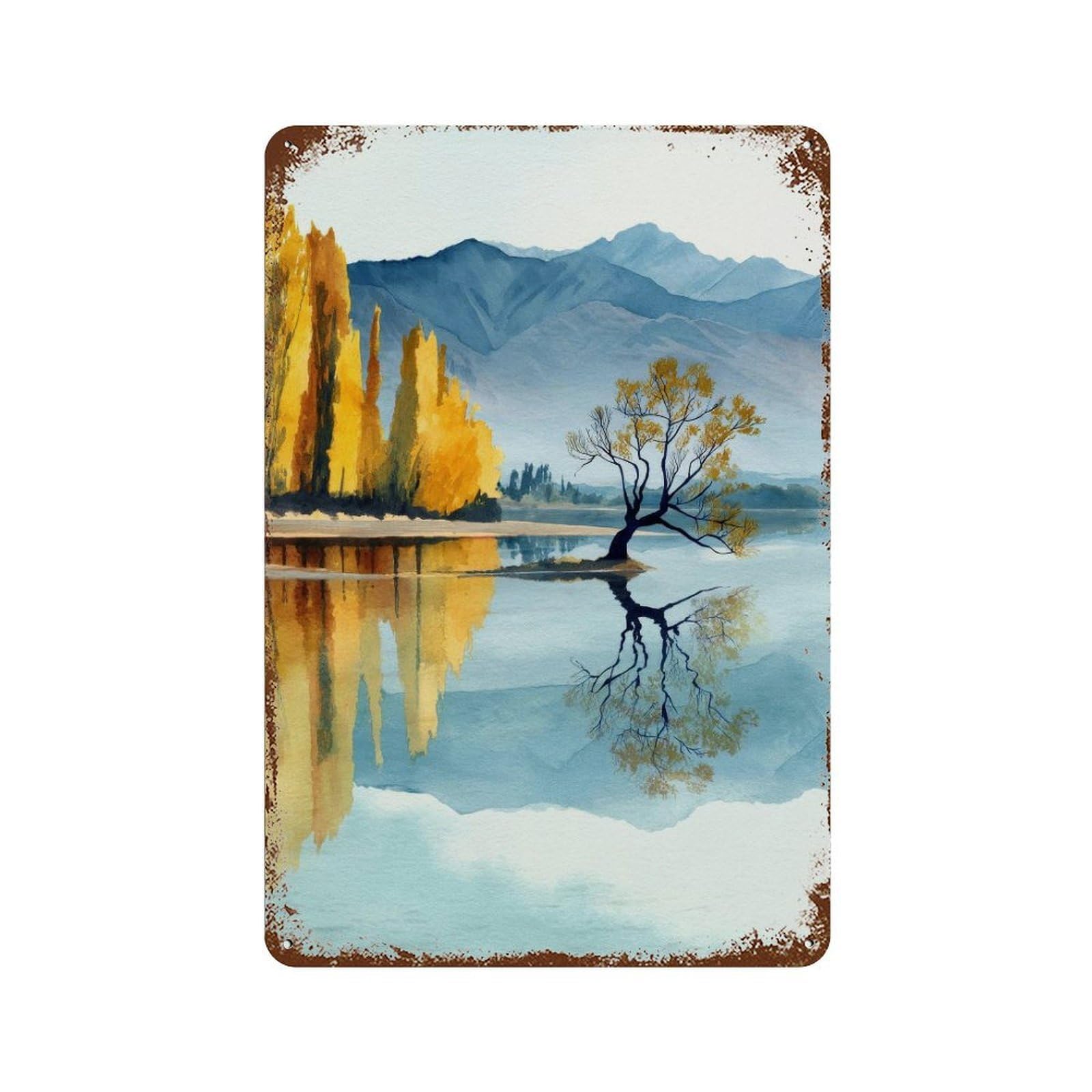 xiaoxiaoshen Lake Wanaka New Zealand Watercolor Travel Lone Tree Wall Decor Art Metal Tin Poster Modern Home Decor Art Home Bar Shop Decorations Vintage Sign 30x20cm