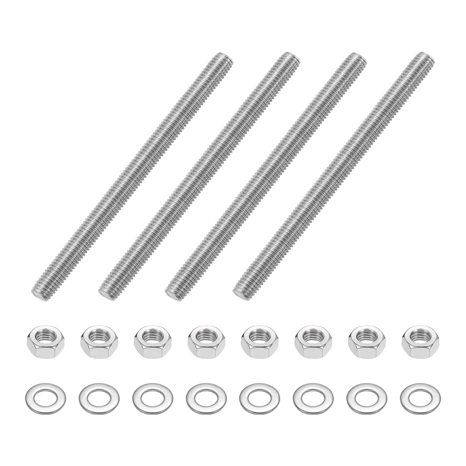 uxcell 4pcs Fully Threaded Rod, M8 x 110mm Stainless Steel Right Hand Threads Rods with Nuts and Flat Washer Fully Studding Rod Bar for Clamps, Hangers and U-Bolts