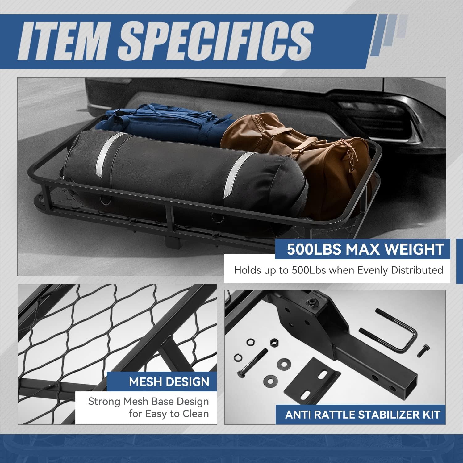 Auto Dynasty Universal Rear Fold-Up Tow Hitch Trailer Cargo Holder Carrier Basket Compatible with 2 Inch Tow Receiver Car Model, Carbon Steel, Black Powder Coated