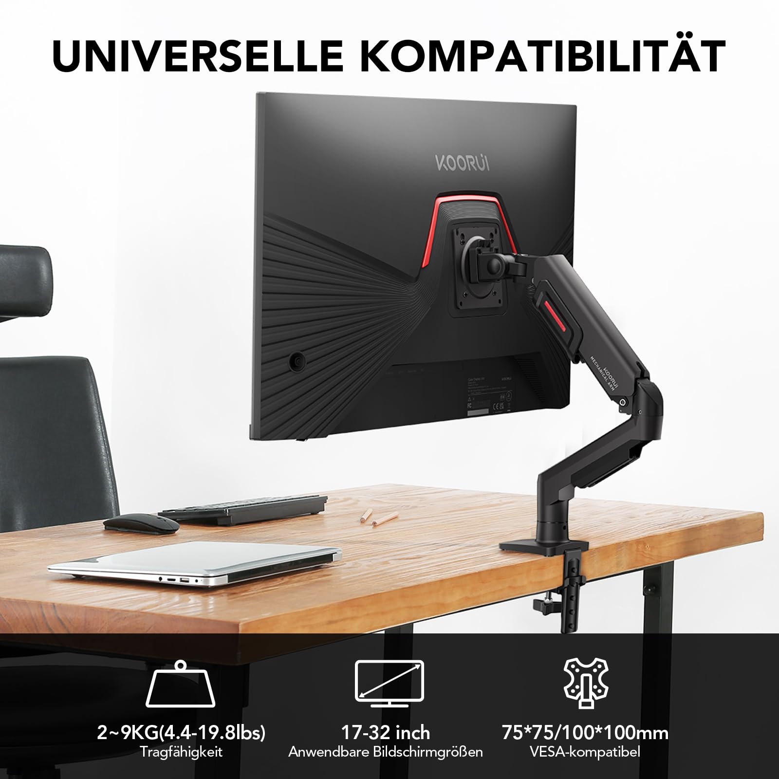 KOORUI KR20Y uchwyt do monitora płaskiego i zakrzywionego, uchwyt stołowy VESA 75 i 100 mm, regulacja wysokości z nachyleniem, wychylenie, obracanie, zwiększona nośność 2-9 kg