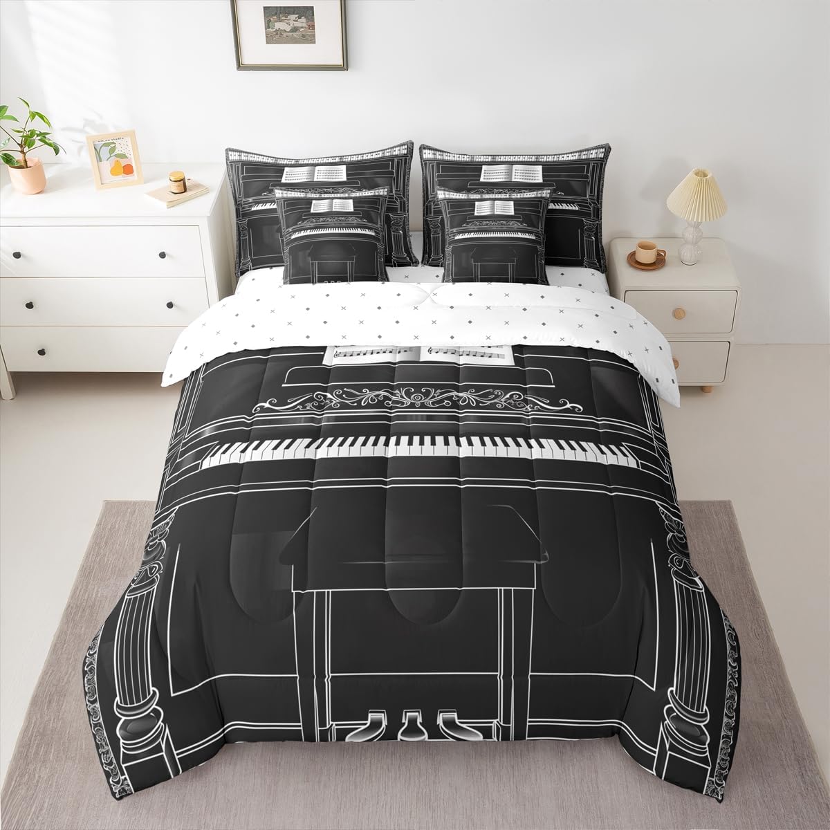 Music Piano Comforter Set with Sheets 7 Pcs Musical Instrument Decorative Bedding Set for Kids Teens Adults Black and White Keyboard Musical Notes Bedroom Dorm Lightweight Bed Set All Season,Twin Size image 3
