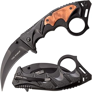 Tac-Force- Spring Assisted Folding Pocket Knife â€“ Black Stainless Steel Hawkbill Blade and Black Aluminum Handle w/Wood Inlay and Pocket Clip, Liner Lock, Tactical, EDC, Rescue - TF-957WD
