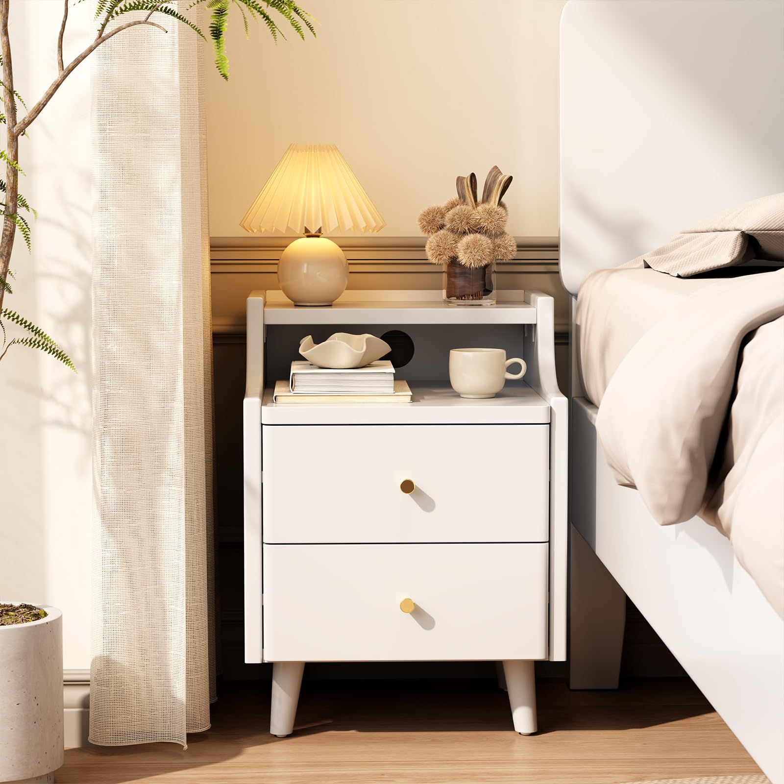 Narrow Nightstand with 2 Drawers,White Nightstand,Bedside Table,Solid Wood Modern Bedside Table for Bedroom,Study,Toilet