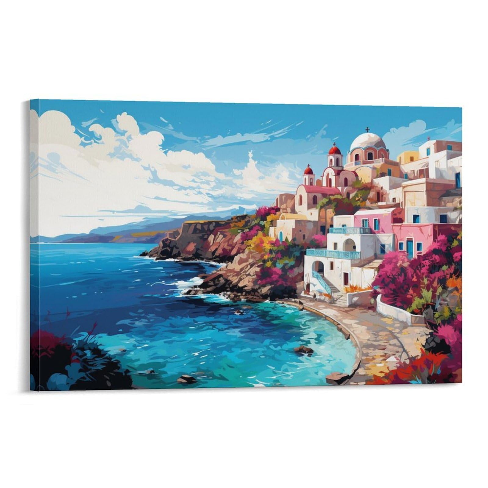 CPLVKWRQJ Coastal City Single Piece Colorful Greek Coastal Town Canvas Print - Kitchen Canvas Wall Decor Easy to Clean Removable Focal Point 20x30inch(50x75cm)