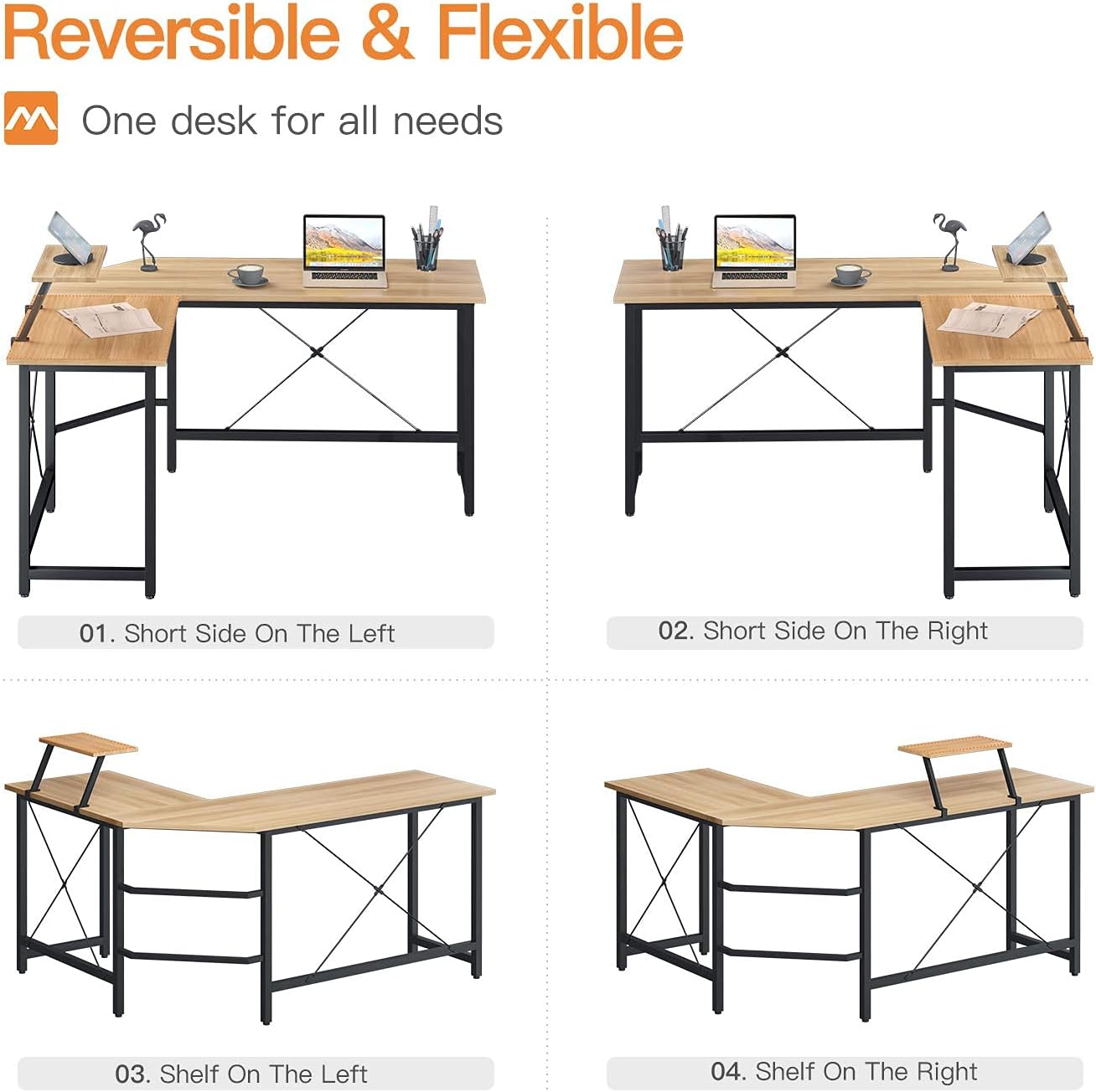 Coleshome Reversible L Shaped Desk 59" Sturdy L Shaped Gaming Desk with Monitor Stand, L Desk for Gaming & Home Office, Space Saving Corner Desk Easy to Assemble, Walnut
