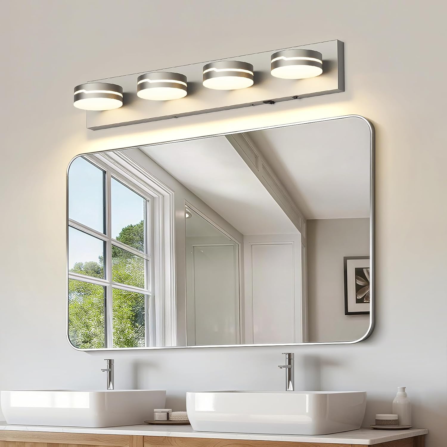 26" Motion Sensor Vanity Light Brushed Nickel, 3CCT 4-Light Modern LED Bathroom Lighting Fixtures Over Mirror, Dimmable Rotatable Head Wall Sconce, 3000K-6000K Color Selectable