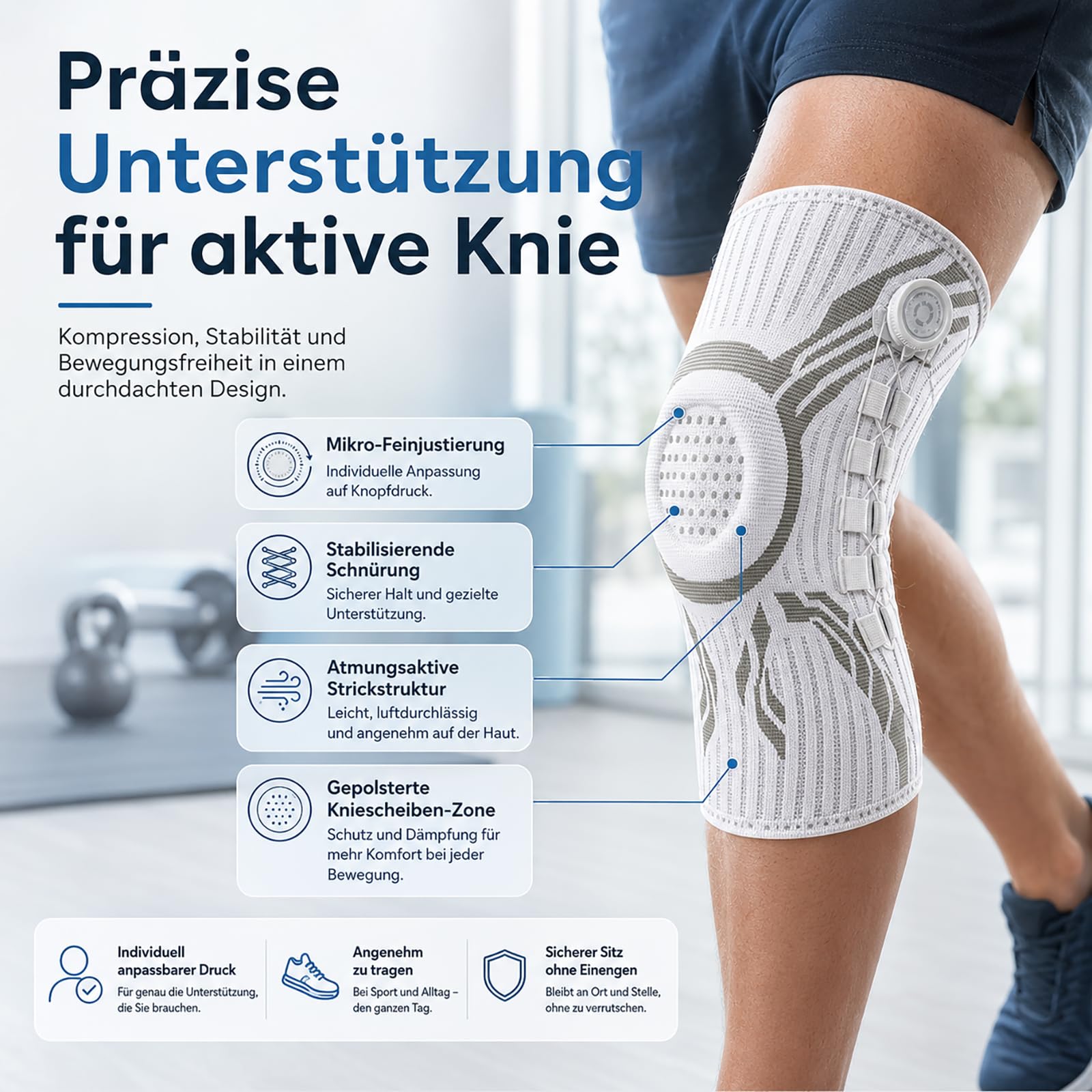 Kniebandage mit Drehverschluss und Patellarschutz, 3D Kompression & rutschfester Halt, verstellbare Kniebandage für Sport, Laufen, Fitness, Training, Arbeit und Alltag, Damen Herren，1 Paar–Schwarz：M