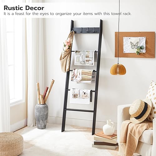 Miniatura 22 de HOOBRO Escalera para manta para sala de estar y dormitorio, toallero de pared de 5 niveles para baño, estante de escalera decorativo con 4 ganchos
