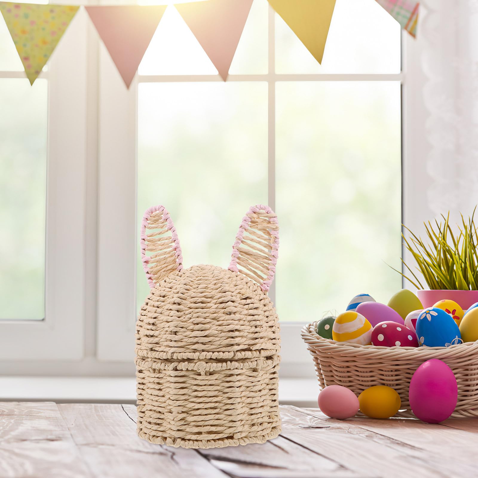 BESTonZON Cestino pasquale con orecchie da coniglio: cestini fatti a mano con coperchio per uova di caramelle in corda di carta per bambini, grazioso cesto da picnic a forma di coniglio per conservare