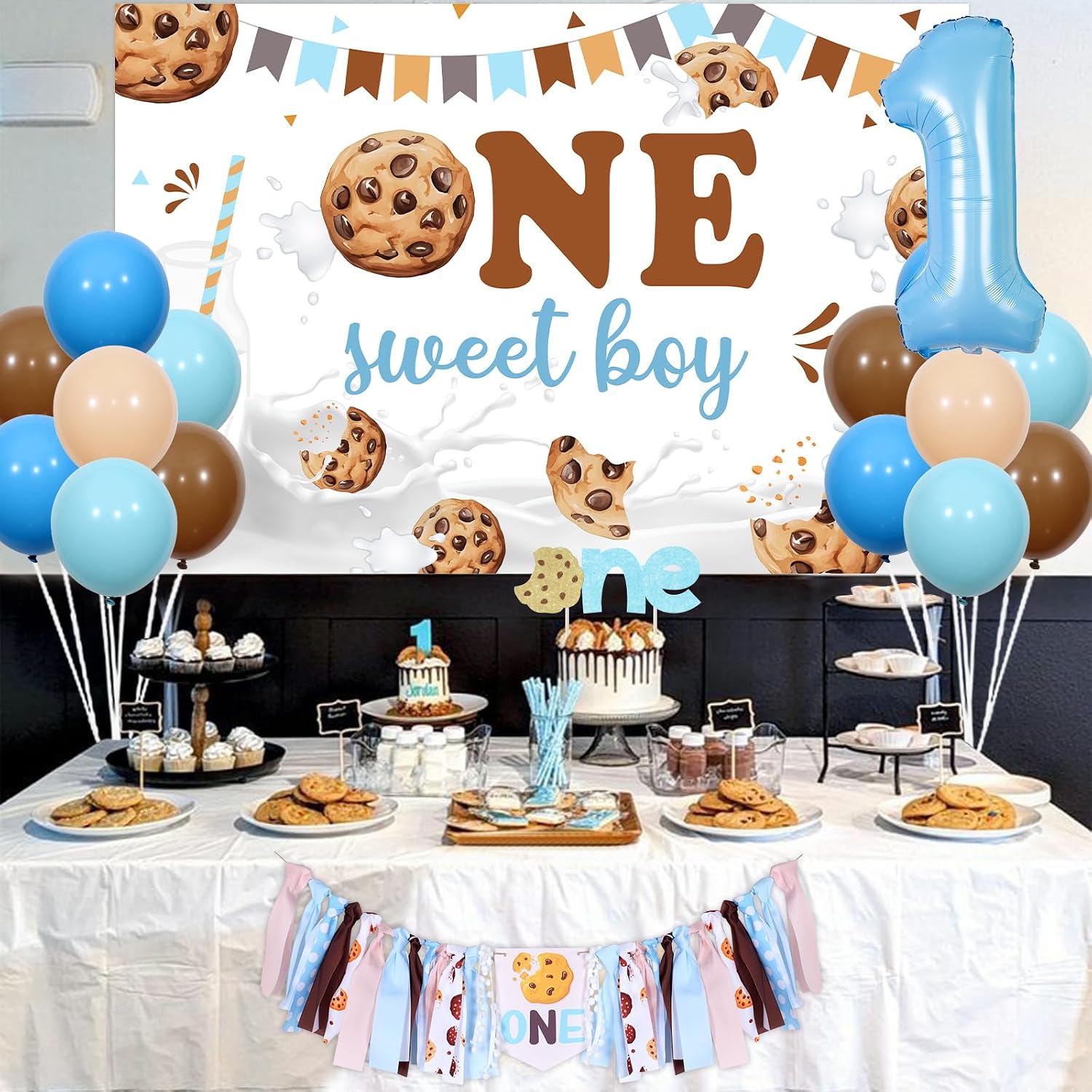 Boys Milk and Cookies 1st Birthday Decoration - One Sweet Boy Backdrop, Cake Topper for One Year Old