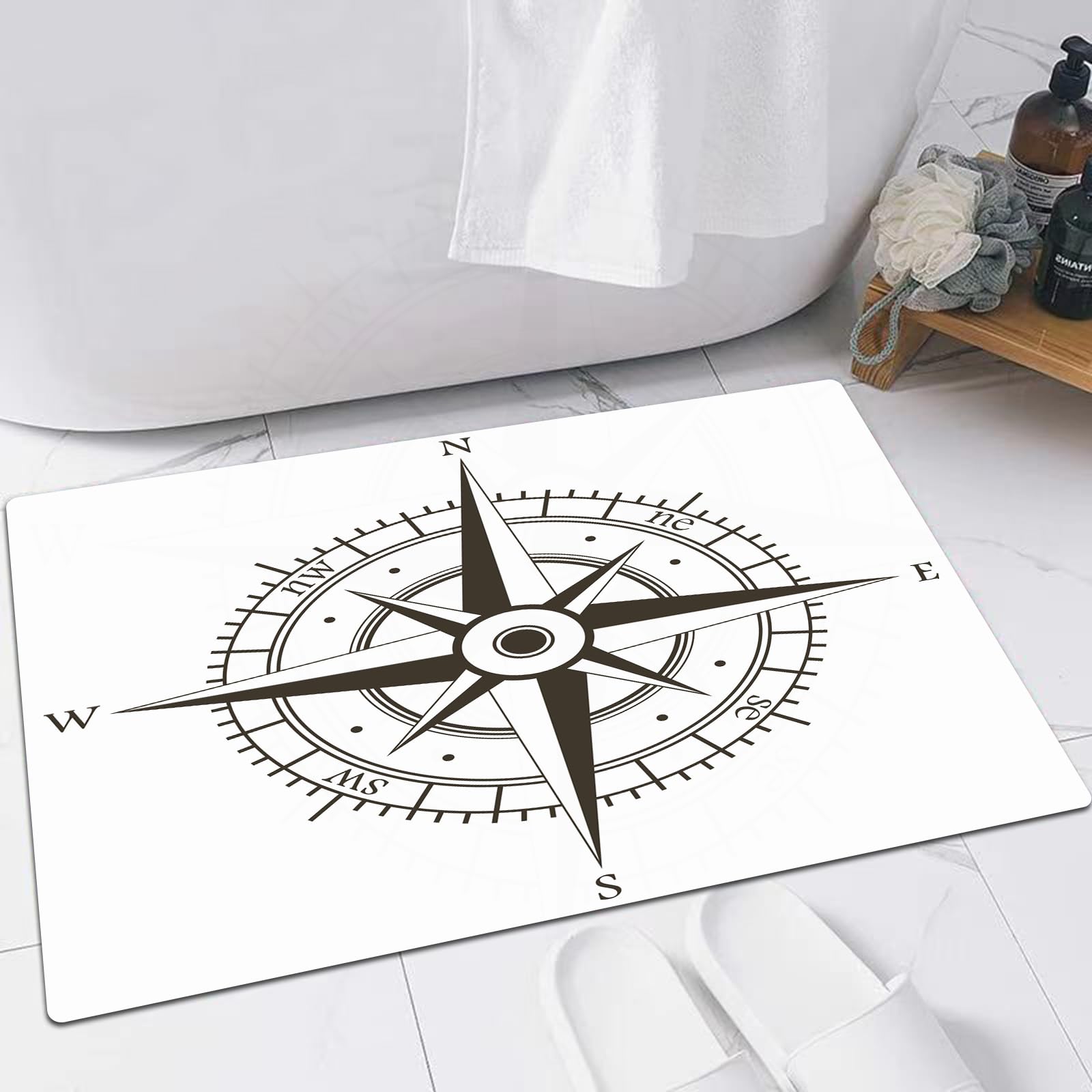 Alfombra de baño Shaggy de Microfibra,Rosa de los Vientos Vector Blanco y Negro,Suave y cómoda, Agua súper Absorbente,60x90 CM