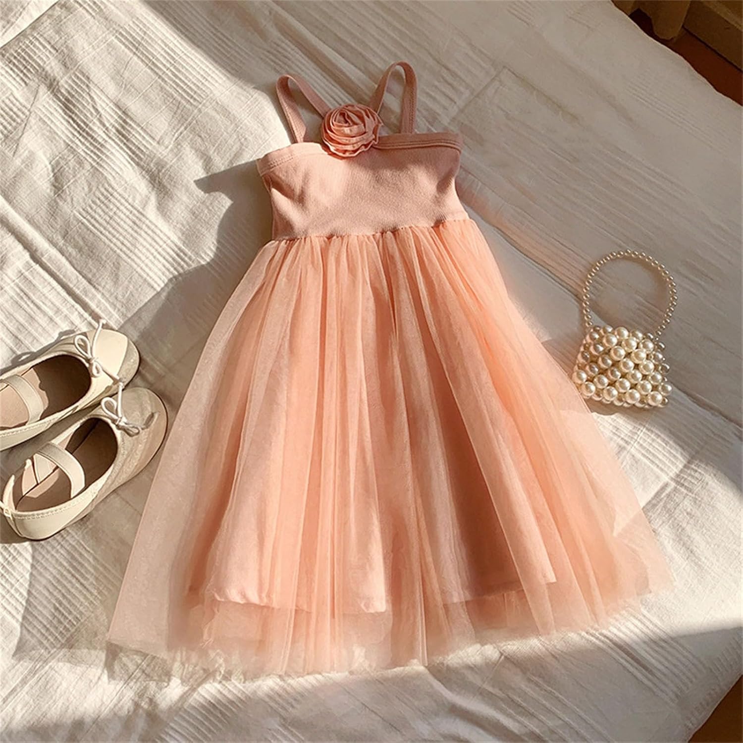 Toddler Girls Tulle Halter Midi Dress Summer Sleeveless Mesh Floral Birthday Party Princess Dresses for Kids