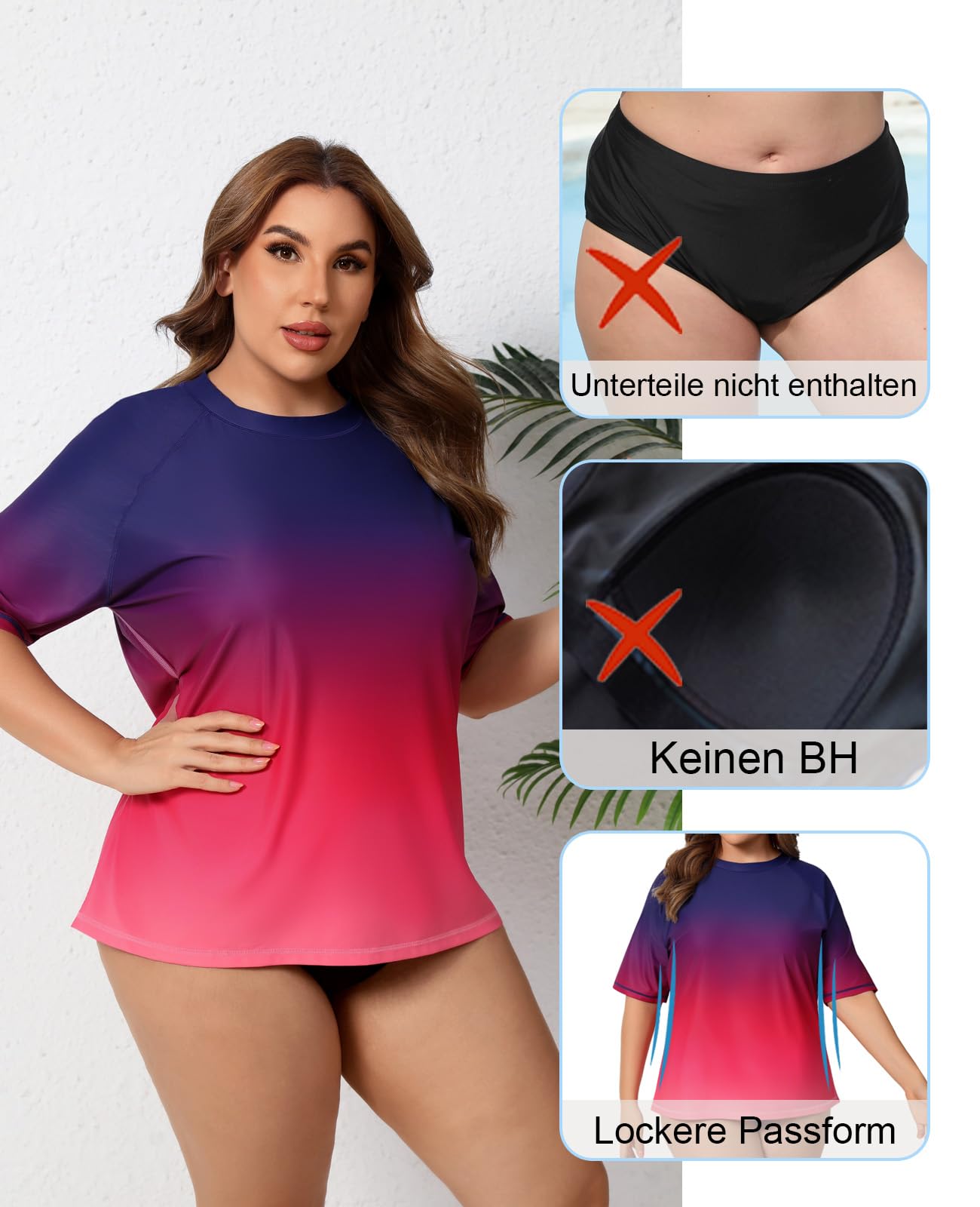 Halcurt Maglietta da nuoto da donna, taglie forti, UPF 50+, protezione solare UV, ad asciugatura rapida, 1X 4X, Ombré viola rosso, 3XL plus
