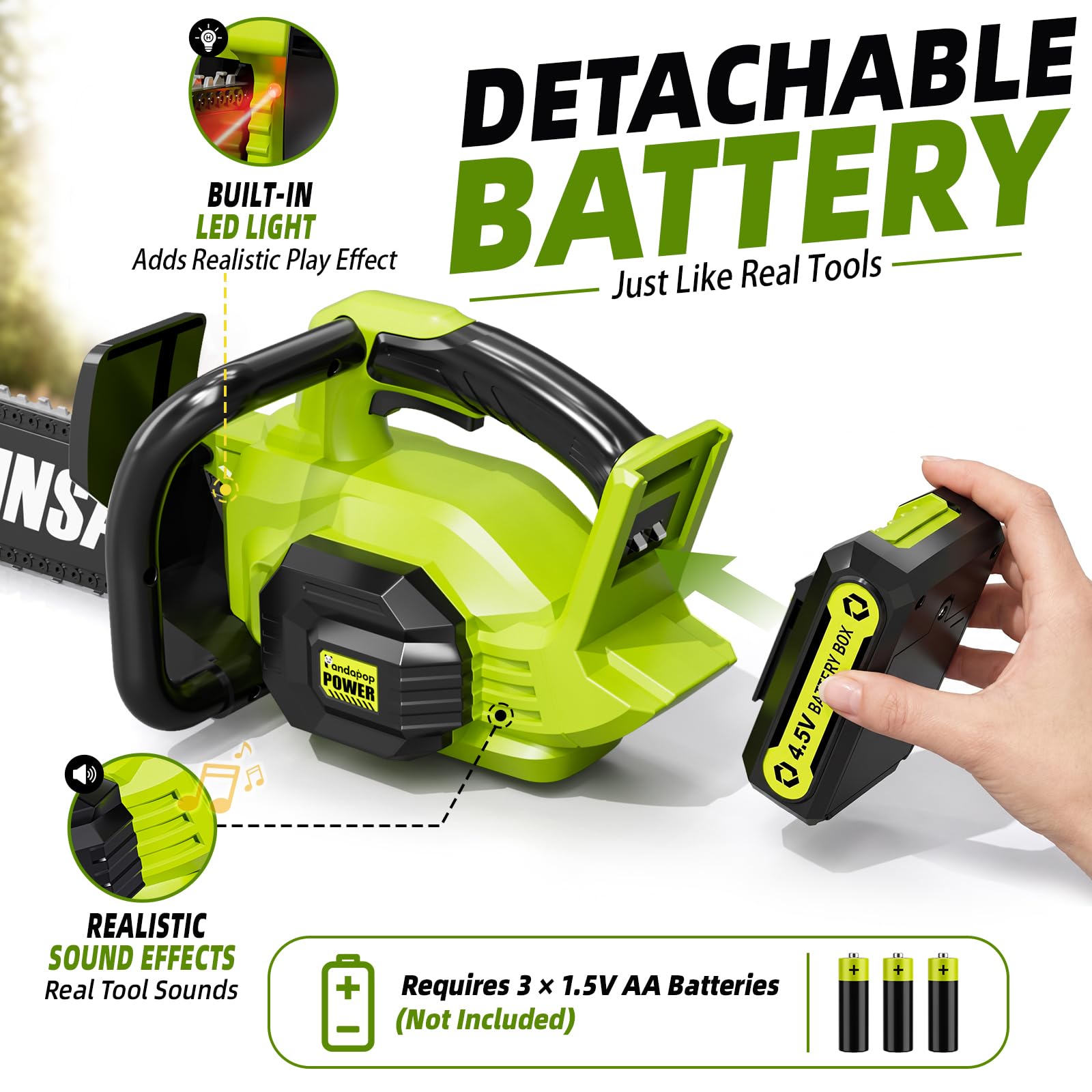 Pandapop 2 In 1 Motosega Giocattolo Per Bambini con 2 Misure, Kit Attrezzi Giardinaggio Bambini con Luci E Suoni, Giochi Da Esterno Per Bambini con Occhiali E Guanti, Regalo Bambino 3 Anni Maschio