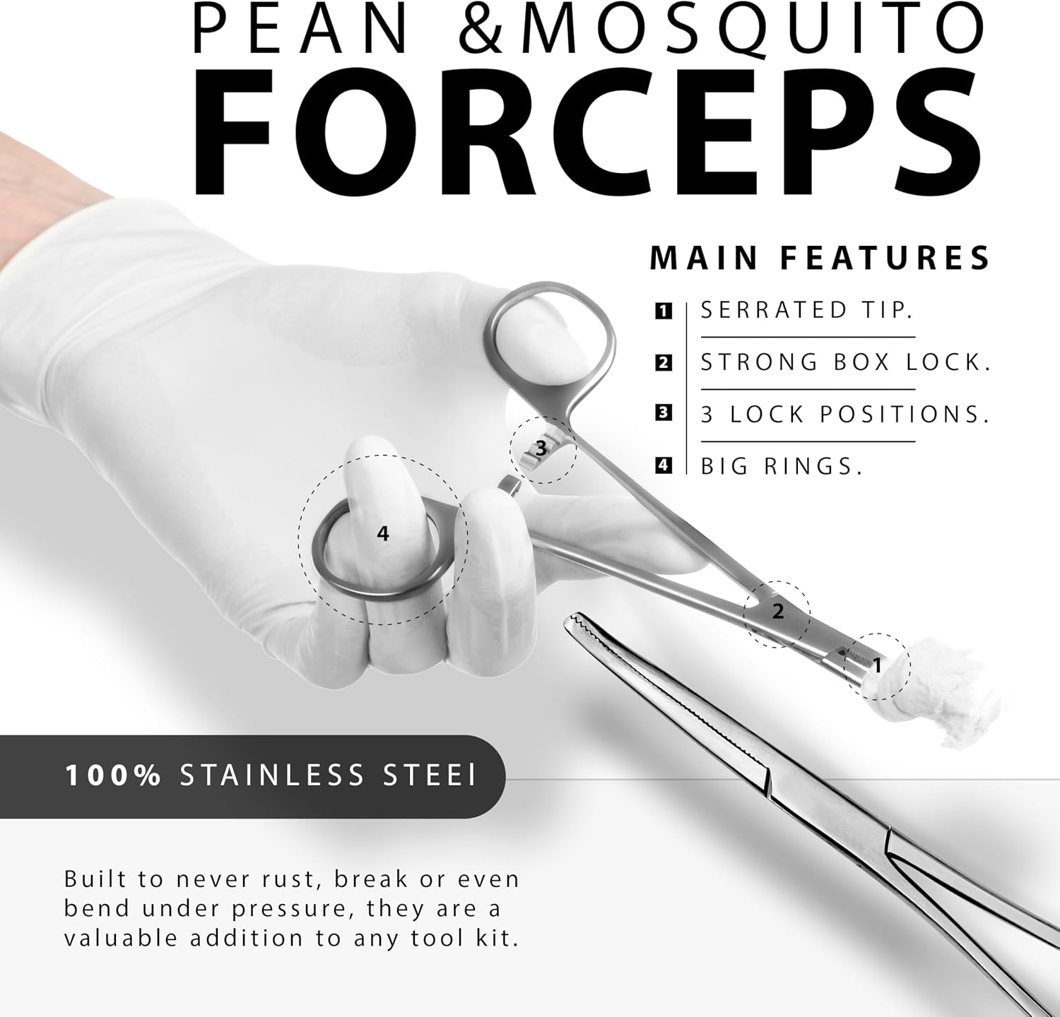 Hemostats ROCHESTER PEAN Forceps Locking Pliers Clamps Tongs Full Serrated Stainless Steel set (Curved 5,6.25,7.25, 8,10,12 Inches 6 pcs Set) image 3