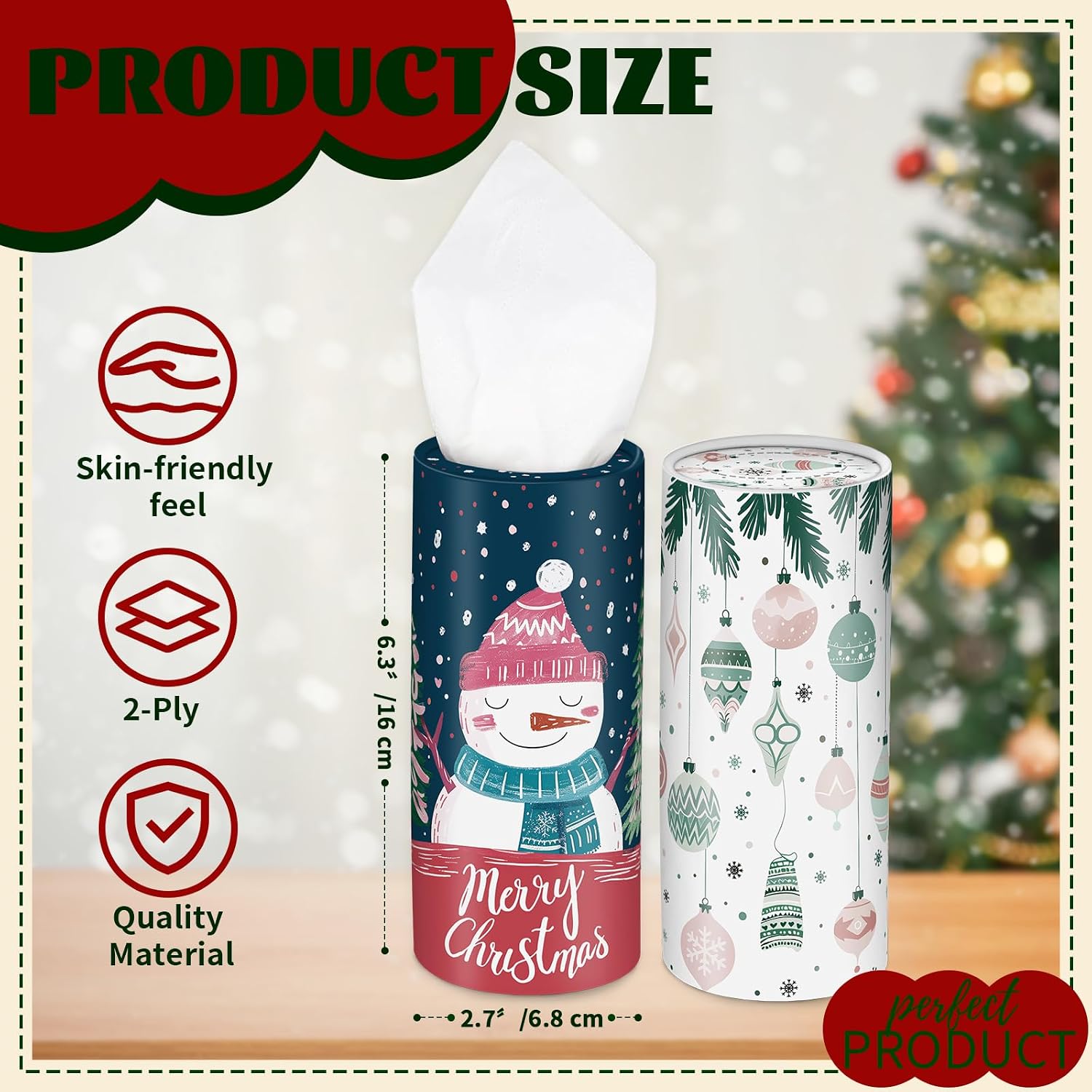 4 Pack Christmas Car Tissue Holder, Round Holiday Tissue Boxes with Facial Tissues for Cup Holders, Winter Travel Car Decor with Santa, Snowman, Ornaments and Festive Designs