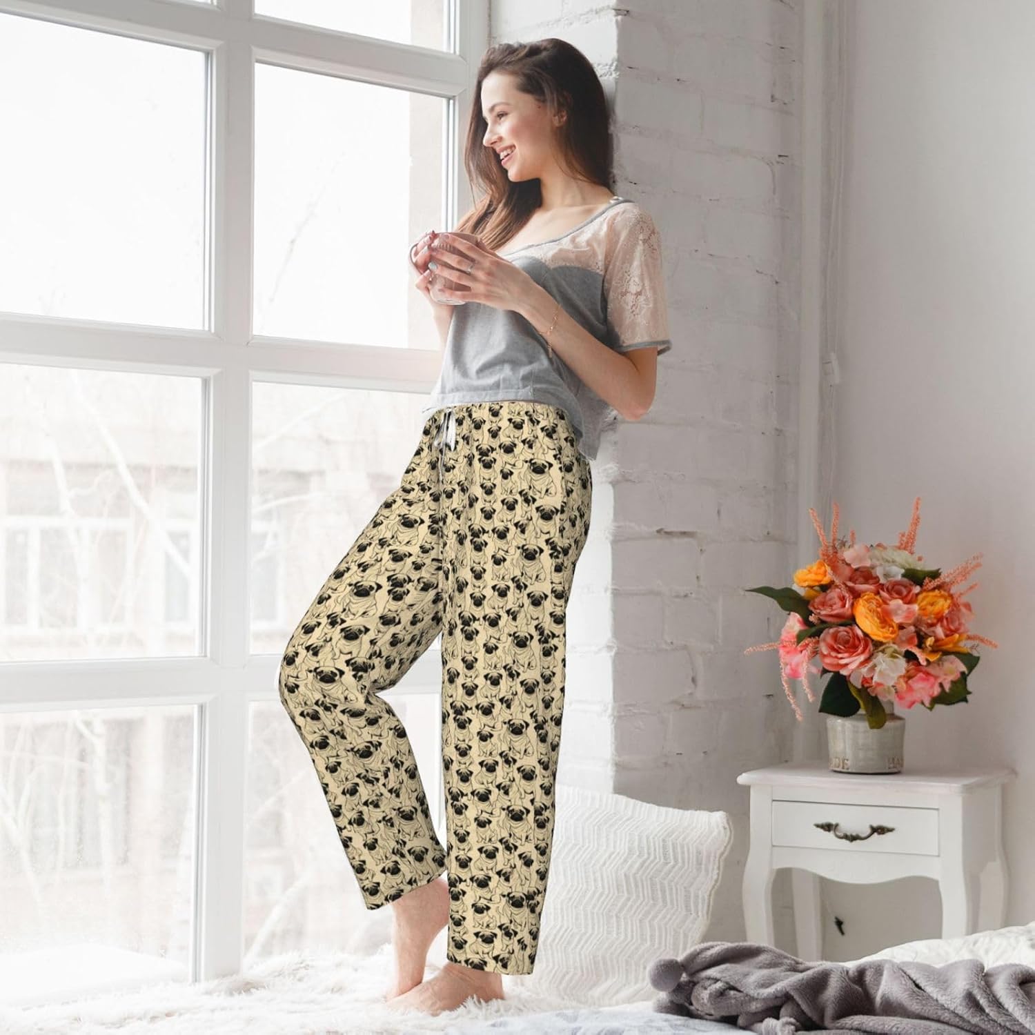 Cute Pug Dog Print Women Soft Cozy Sleepwear Pajama Pants For Winter Nightwear Bedroom Indoor Casual