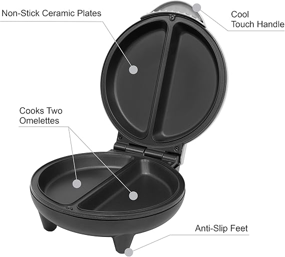 Dual Omelette Maker Electric - Easy Clean Non-Stick Cooking Plate - Makes Healthy Omelettes, Scrambled & Fried Eggs - Featuring Ready Indicator Light & Cool Touch Handle