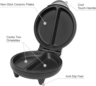 Dual Omelette Maker Electric - Easy Clean Non-Stick Cooking Plate - Makes Healthy Omelettes, Scrambled & Fried Eggs - Featuring Ready Indicator Light & Cool Touch Handle