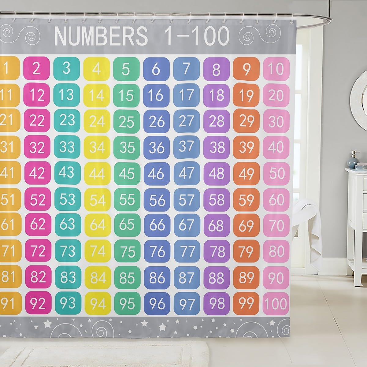 Feelyou Numbers Alphabet Shower Curtain Cartoon Alphabet Bathroom Shower Curtain Set Educational Bath Curtain for Kids Learning Time Kids Bathroom Accessories 72"x78"