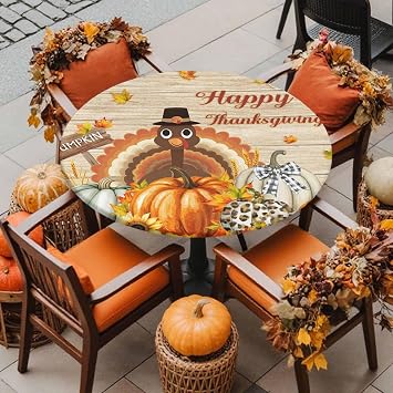 Round Fitted Tablecloth Thanksgiving Turkey Pumpkin Autumn Maple Leaves Washable Waterproof Elastic Table Covers for Camping Indoor Dining Table Protector Retro Wood Board Fits 55-60" Tables