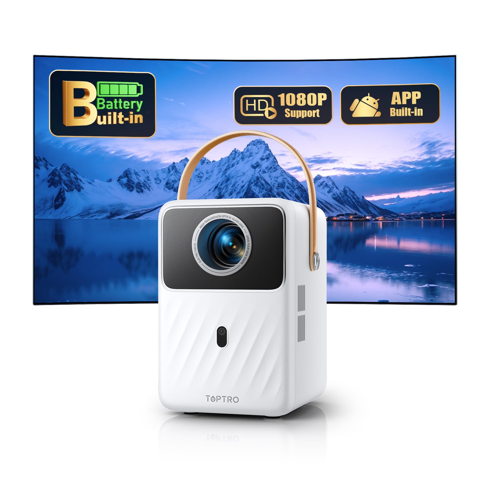 ProyectorPortátil【Batería Incorporada & Android TV】, Proyector Full HD 1080P Soporte, 26000 Luming Enfoque Electrico TOPTRO Proyector WiFi Bluetooth Cine en Casa para Android/iOS/USB/TV Stick/PS5