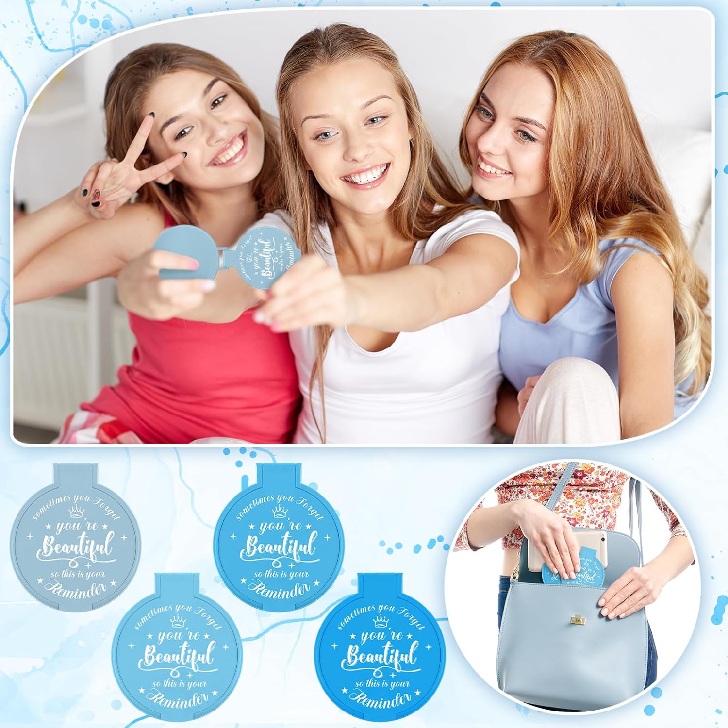 100 Pcs 2.76 Inch Inspirational Compact Mirror Bulk Women Small Gifts Graduation Party Favors Purse Mirror Pocket Mini Stuffer Items for Adult Coworker Cheerleader Employee (Blue Series)
