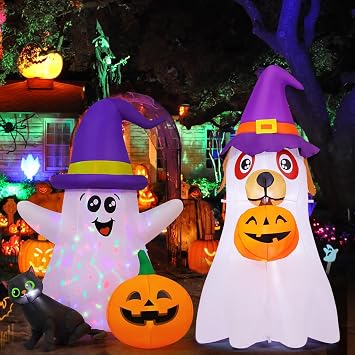 GOOSH 5 FT Halloween Inflatables Ghost Outdoor Decorations and GOOSH 6.2 FT Halloween Inflatables Dog Outdoor Decorations Blow Up Yard Cute Puppy Ghost with Pumpkin with Built-in LEDs