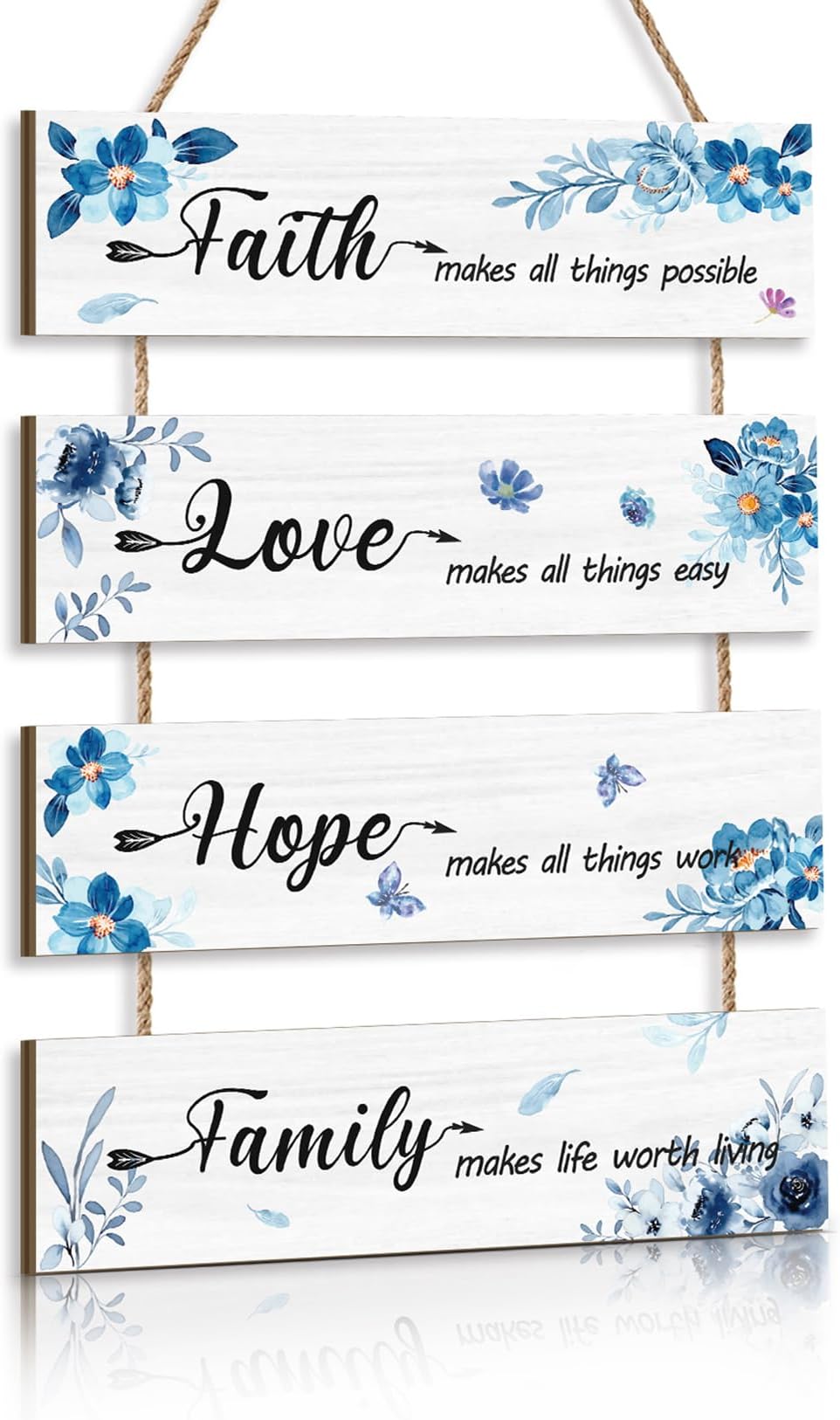 KAIRNE Inspirational Phrase Wall Art Sign,Faith Love Hope Family Wall Art,Blue Flower Wood Plaque,Positive Wall Hanging Sign,Motivational Quotes Wall Plaque Decor for Living Room Bedroom Kids Room