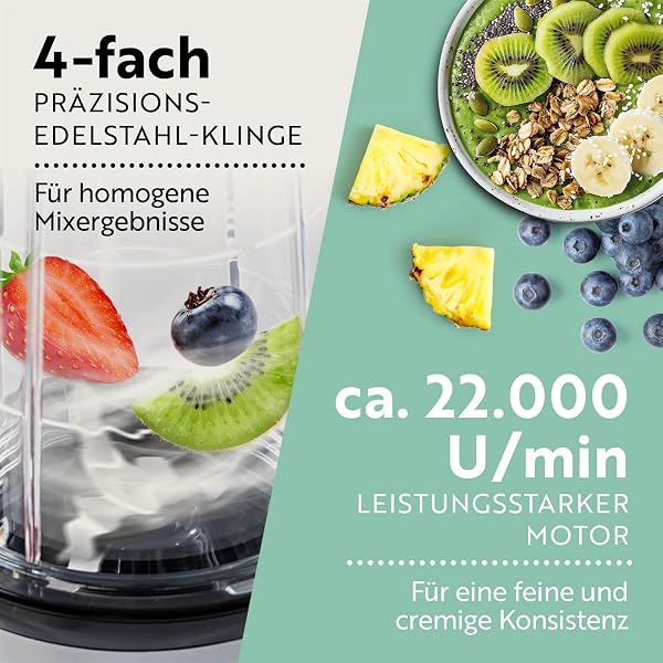 GOURMETmaxx Mr. Magic Mixer | Smoothie Maker - 4-tlg. | Standmixer mit Mixbecher & Frischhaltedeckel | Blender mit 8 Funktionen | Food Processor für Shakes, Smoothies, Shots & Co. - 4