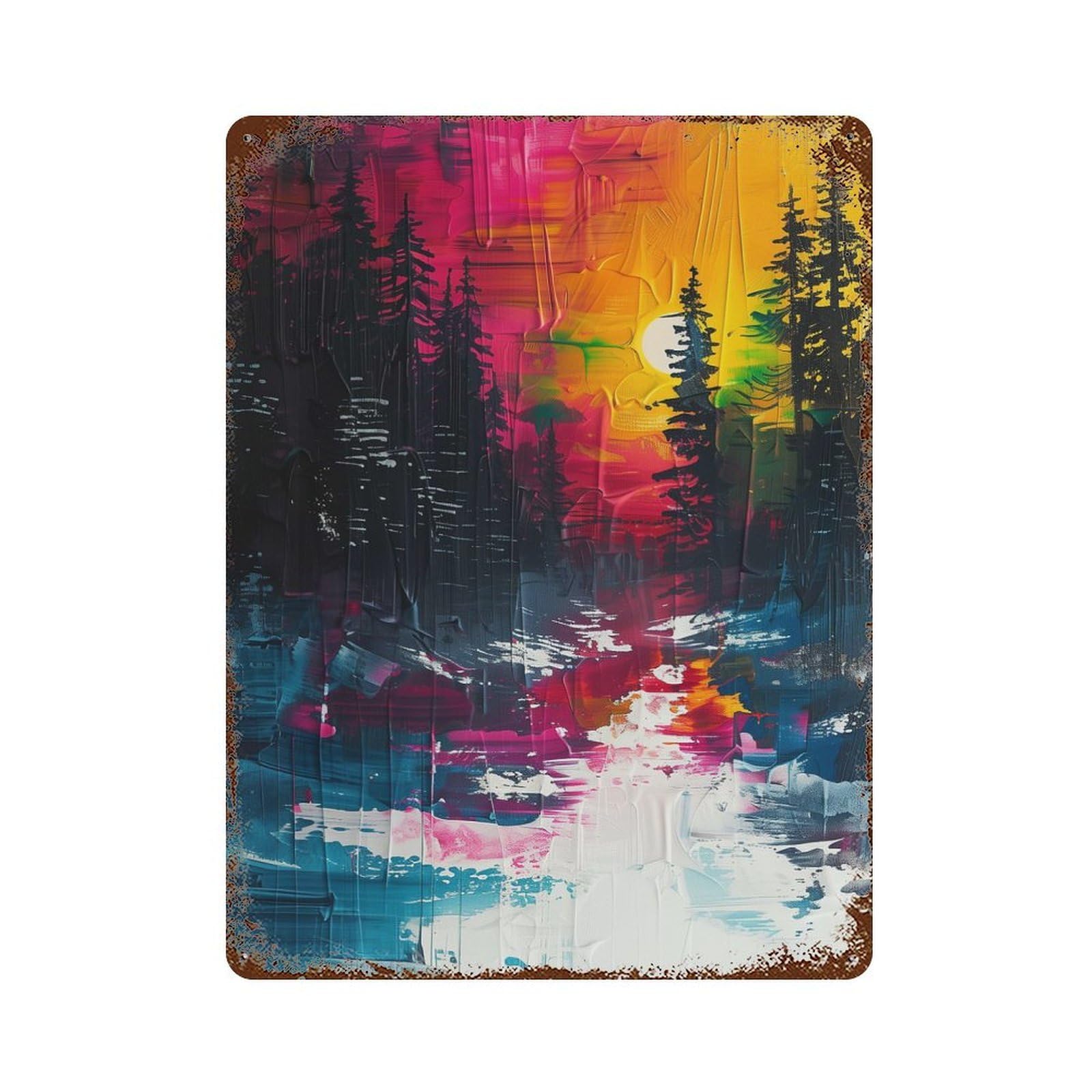 Sunset Forest Painting Decorative Tin Sign 15.7"x11.8", Retro Wall Decor for Living Room, Hallway And Home Decor