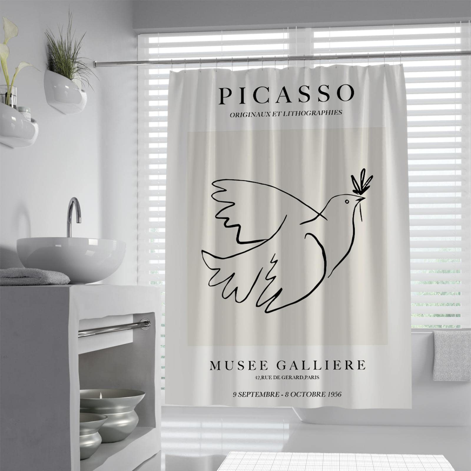 Duschvorhang Berühmte Gemälde Drucke Picasso Minimalistische Linie Vögel und Blumen Moderne Home Badewannen Vorhang Decor W180xL200 (cm)