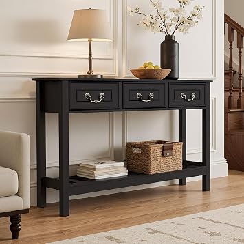 Sofa Table - Entryway Table with Drawers, Narrow Console Table for Living Room, 53 Long Farmhouse Sofa Table with 3 Drawers & 2-Tier Shelves,Black Oak Finish for Hallway or Behind Couch