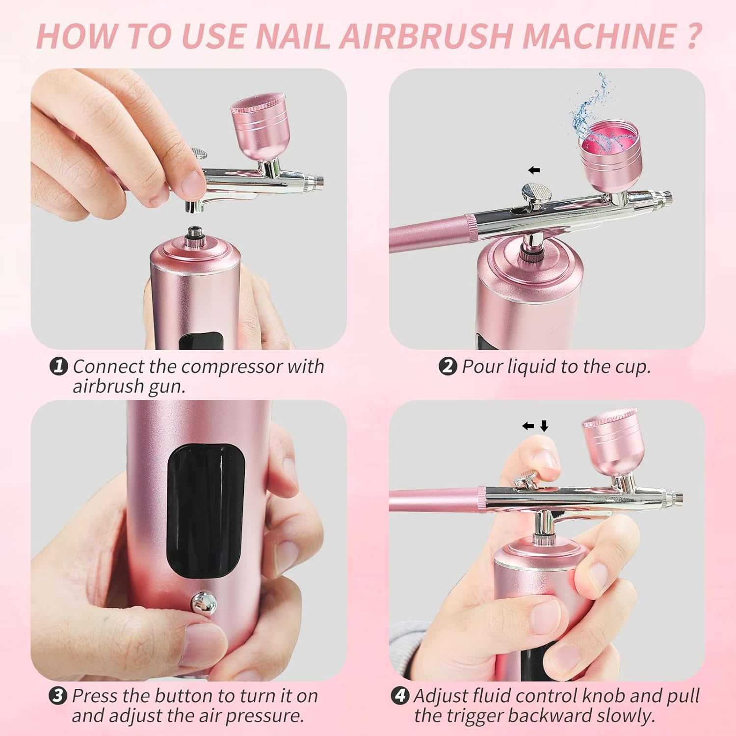 Airbrush Kit with Air Compressor, Cordless Rechargeable with 0.3mm Nozzle and Cleaning Brush,3 High-Pressure Modes Handheld Spray Machine for Painting, Cake Decor, Pastry, Makeup, Nail Art (Pink) - Image 6
