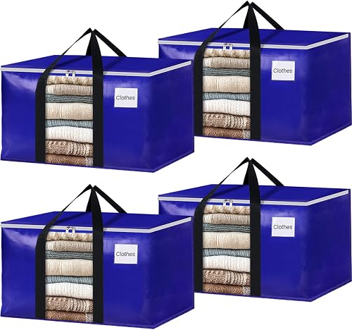 BlissTotes 4 Pack Moving Bags with Clear Window, Storage Bags with Strong Carrying Handles & Zippers,Large Packing Bags for Saving Space, Alternative to Moving Boxes(Blue,20 Gallon)