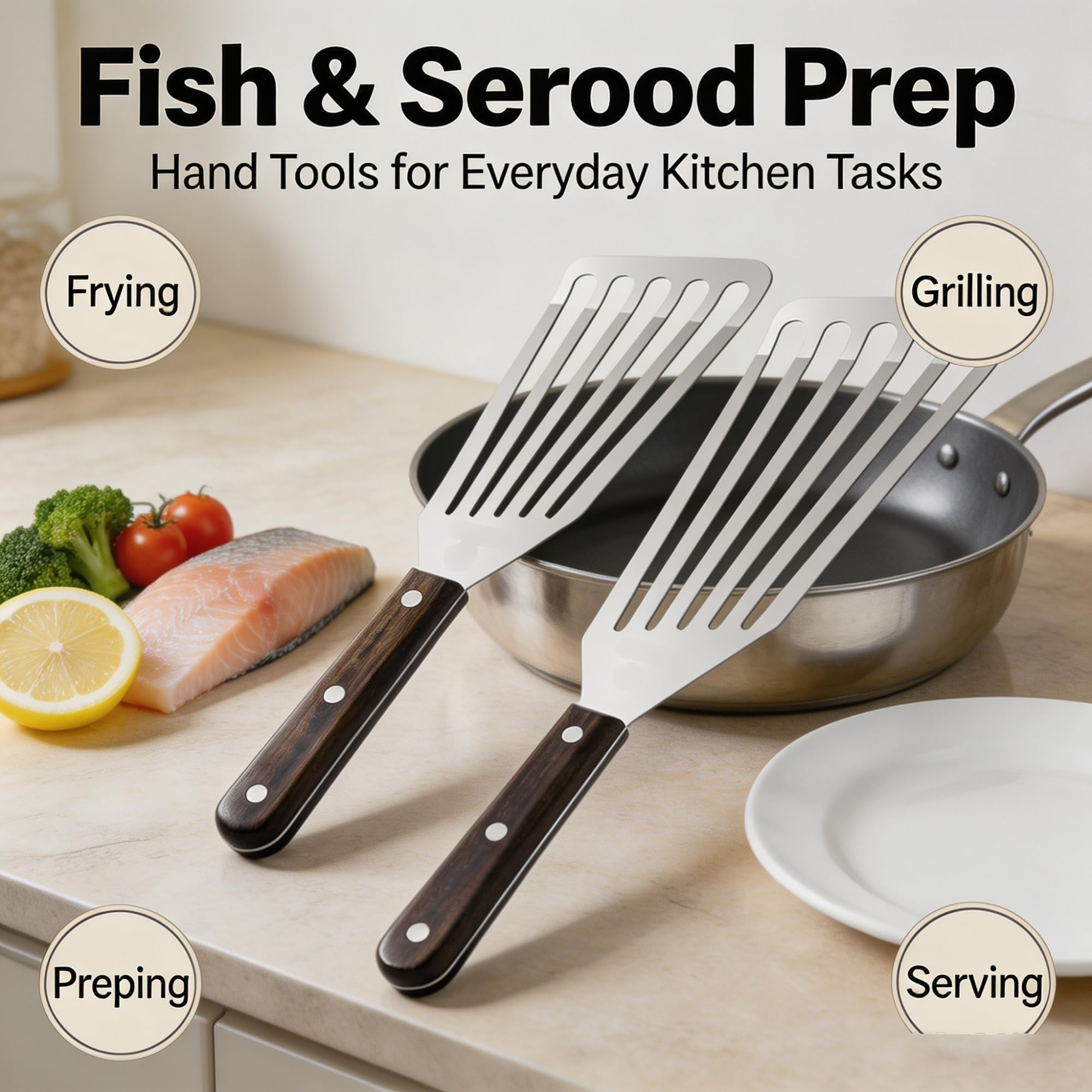 Genérico Paquete de 2 espátulas for Pescado de Acero Inoxidable | Volteadores ranurados de acero inoxidable con mangos de madera for uso en plancha y sartén.(4pc fish spatula)