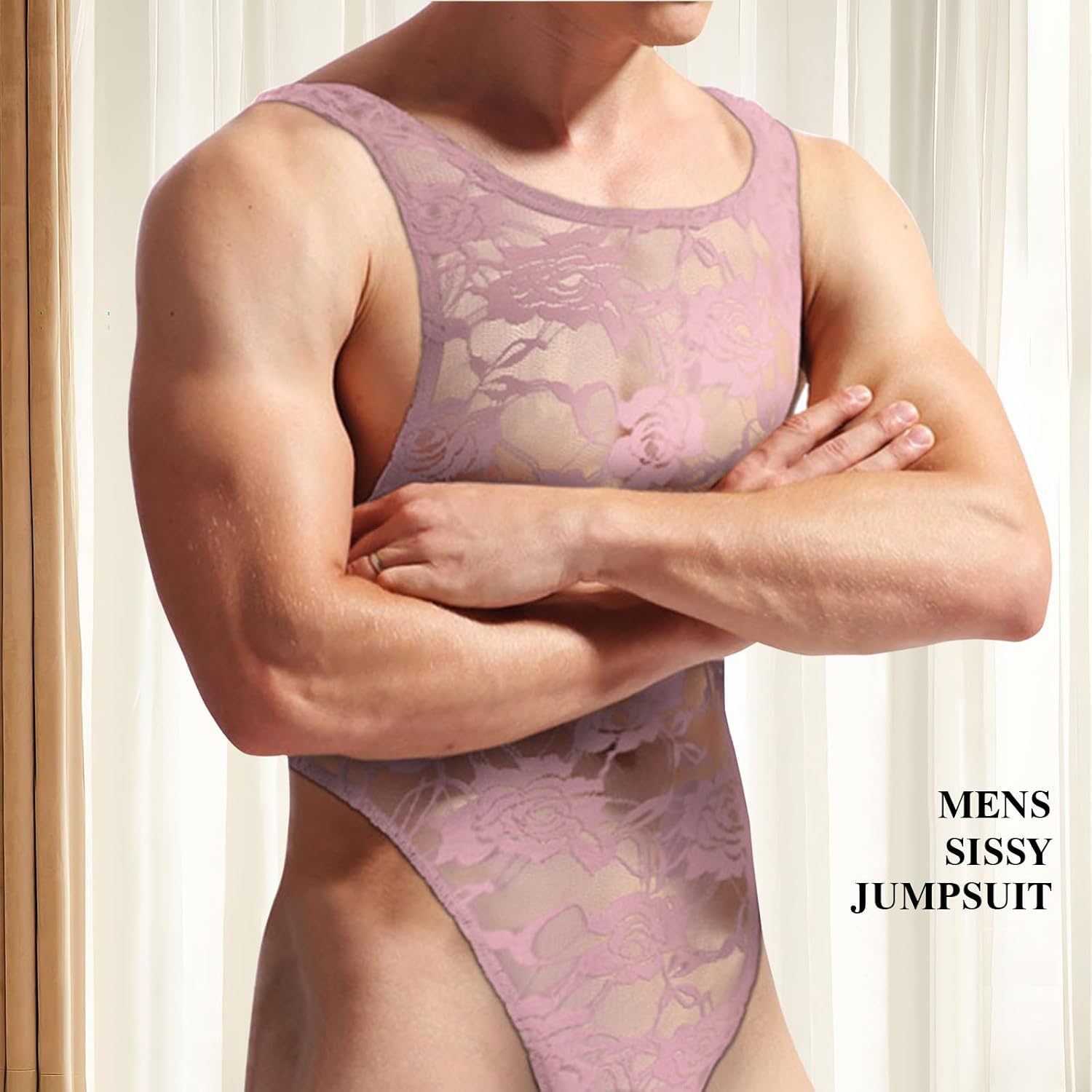 Mens Sheer Bodysuit Sexy Mesh Lace Floral One Piece Swimsuit Sissy Thong Leotard Jumpsuit