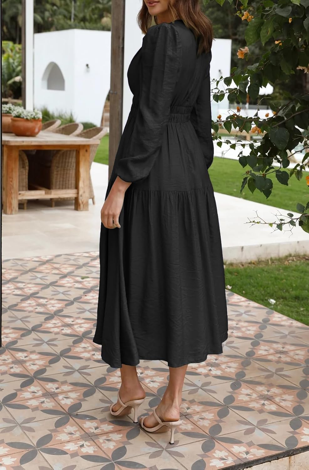 R.Vivimos Womens Casual Long Sleeve Midi Dress Deep V Neck Elastic Waist A-Line Tiered Flowy Elegant Dresses - Image 6